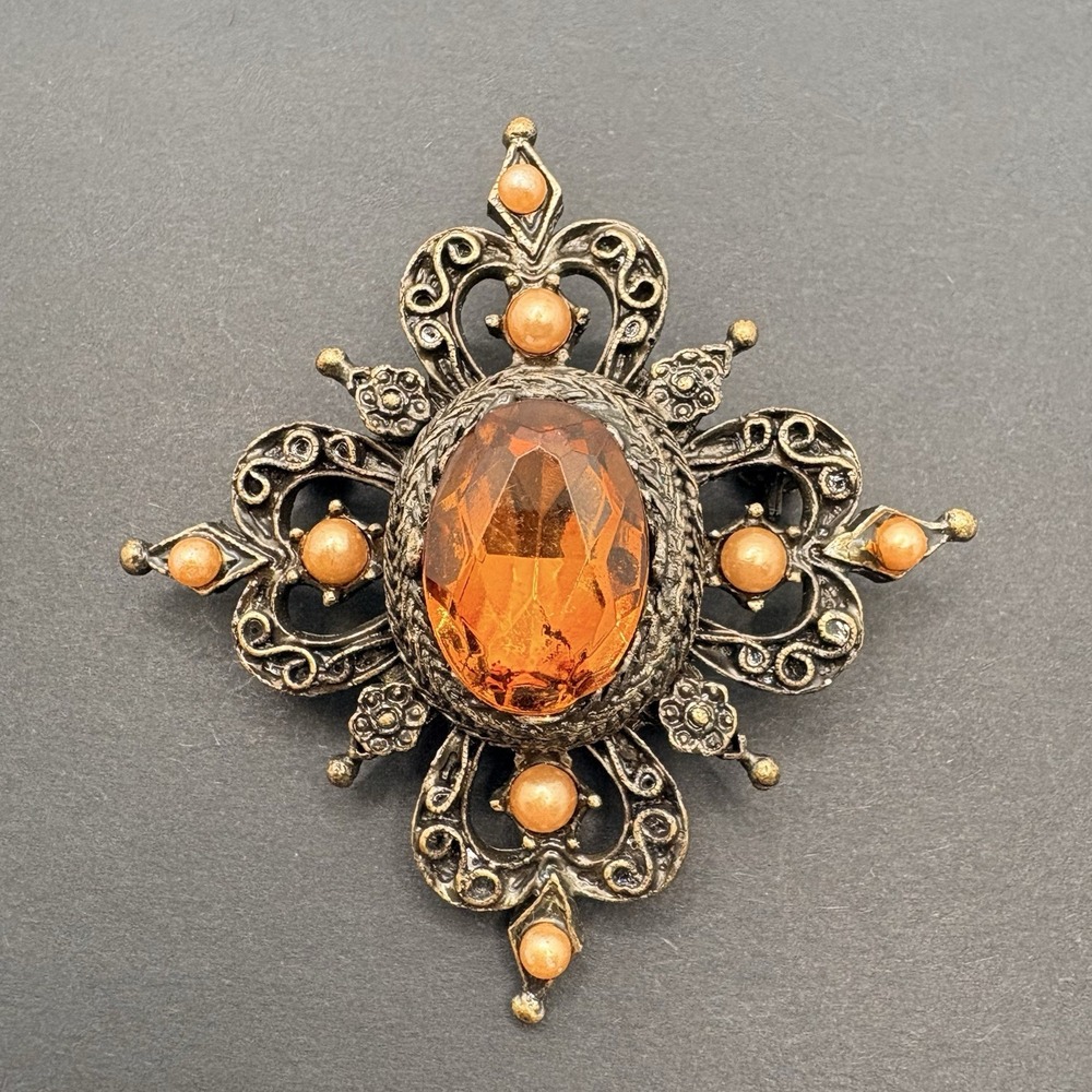 Vintage Filigree Amber Rhinestone Ornate Victorian Style‎ Brooch Antique Gold